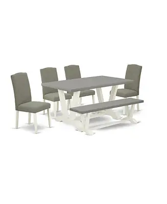 6-Piece Gorgeous Dining Room Set a Great Cement Color Dining Room Bench and 4 Amazing Linen Fabric Parson Chairs Free Delivery