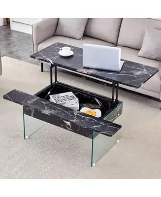 Multifunctional Lift Top Coffee Table with Tempered Glass Legs in Black Marble Pattern Secure Checkout