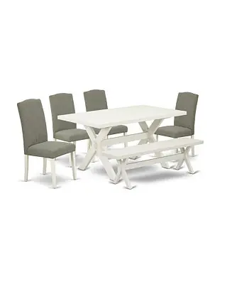 6-Piece Dining Room Table Set with Linen Fabric Seats, Stylish Chairs, Rectangular Bench and Hardwood Table Clearance