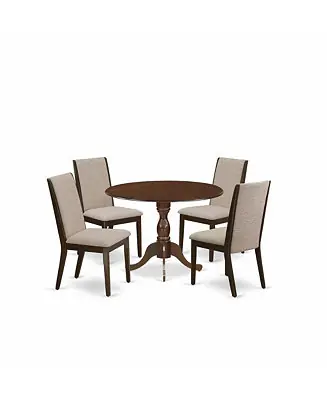 5 Piece Dining Table Set - Mahogany Wood Table and 4 Light Tan Linen Fabric Upholstered Dining Chairs with High Back - Mahogany Finish While Supplies Last