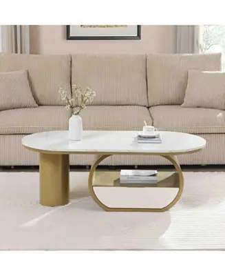 Authentic Modern Oval Coffee Table w/ Storage & Faux Marble Top