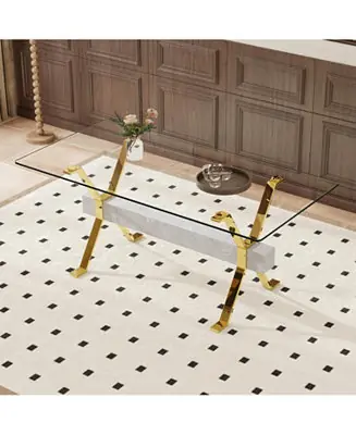Holiday Sale Streamdale 1-Piece Glass & Metal Dining Table – Tempered Glass Top, Gold-Plated Legs, MDF Crossbar, Modern Home/Office Table