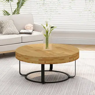 Direct From Manufacturer Modern Round Coffee Table with Carved Pine Top and Metal Legs