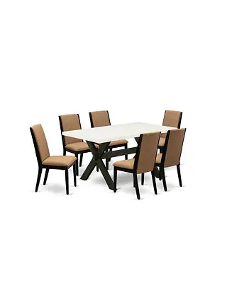 7-Piece Gorgeous a Good Linen White dining table Top and 6 Awesome Linen Fabric Parson Dining Chairs with Stylish Chair Back, Wire Brushed Black Finish Buy Online