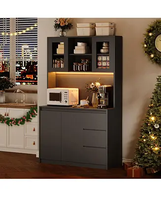 New Release 70" Kitchen Food Pantry with Charge Station, LED Light,Storage Cabinet