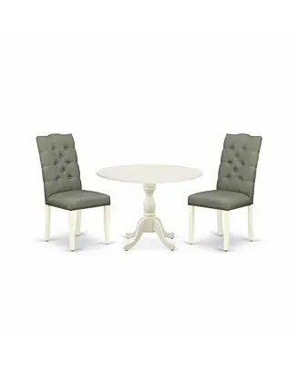 3-Pc. Rubberwood Smoke Linen Button-Tufted Nailhead Drop-Leaf Dining Set Luxury