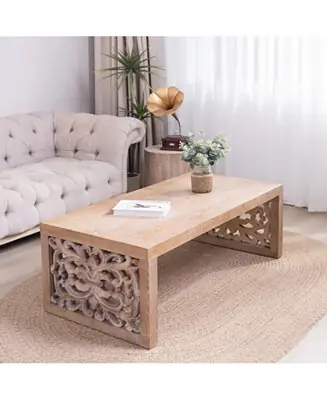 Best Seller Rustic Carved Wood Coffee Table - Ornate Panels, Natural Finish