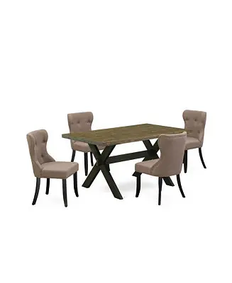 5-Piece Dining Set with Coffee Linen Parson Chairs and Rectangular Table with Wooden Cross Legs Super Sale