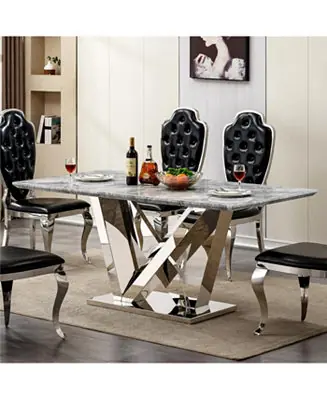 Marble Dining Table for 6, 70" Faux Marble & Stainless Steel Base Kitchen Table Exclusive