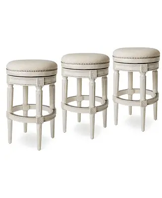 Pullman Backless Bar Stool in White Oak Finish w/ Natural Color Fabric Upholstery, Set of 3 Warranty Included