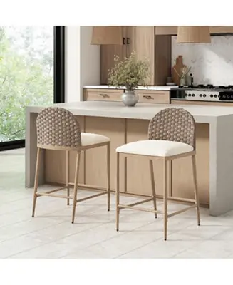 Farmhouse Barstools Set of 2, Upholstered Counter Stools with Rattan Backrest, Brown+Beige Price Drop