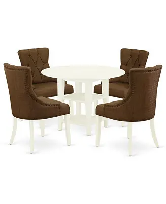 5 Pc Set Linen White Finish Round Rubber Wood Dining Table with 4 Cream Linen Fabric Parson Chairs Shop Now