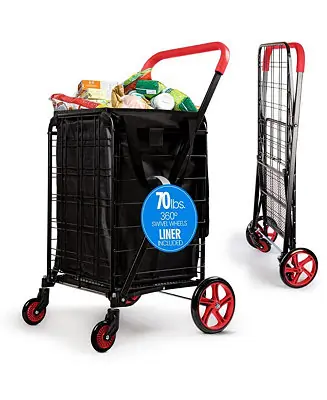 Trusted Brand Folding Utility Cart with Liner, Heavy-Duty, 360° Swivel Wheels, 110 lb Capacity, Portable for Groceries, Laundry & More (Red)