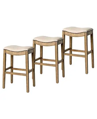 Sale Adrien Backless Saddle Kitchen Stool, Natural Wood Finish, Set of 3