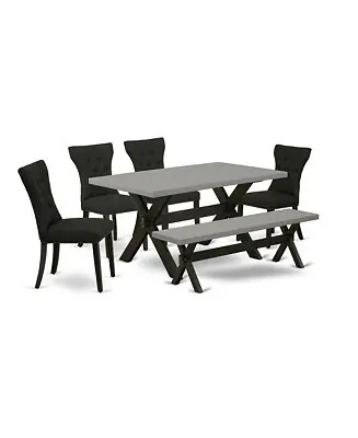 Grab Now 6-Pc Dining Table Set - 4 Dining Chairs, a Dining Bench Cement Top and 1 Modern Cement Dining Table Top