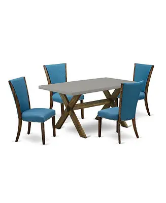 5Pc Dining Table set Offers a Rectangle Table and 4 Parsons Dining Chairs with Blue Color Linen Fabric, Distressed Jacobean and Cement Finish No Minimum Order