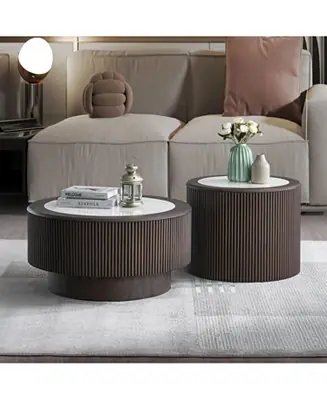 Crafted Marble Pattern Coffee Table Set - Round End Tables, Dark Brown