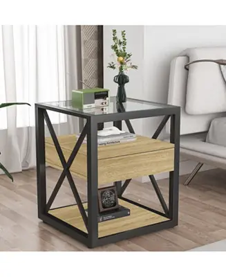 Modern End Table with Drawer - Natural Wood & Glass Seasonal Sale