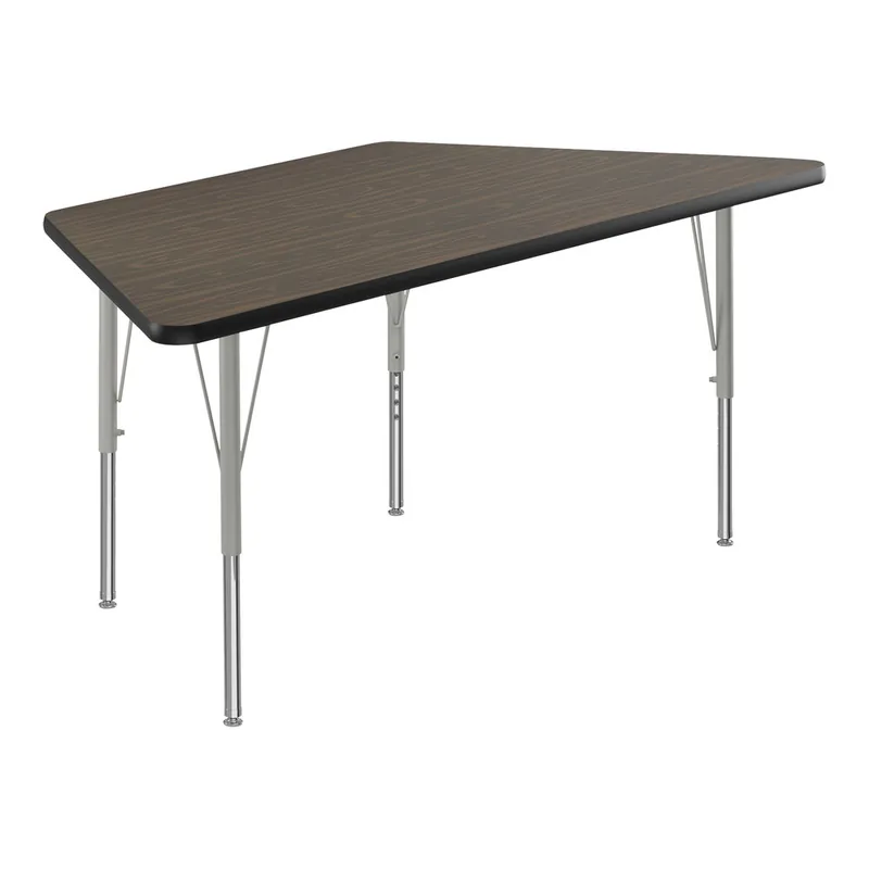 Correll EconoLine 26" x 58" Trapezoid Walnut 19"-29" Adjustable Height Melamine Top Activity Table with Silver Legs and Black T-Mold Flash Sale
