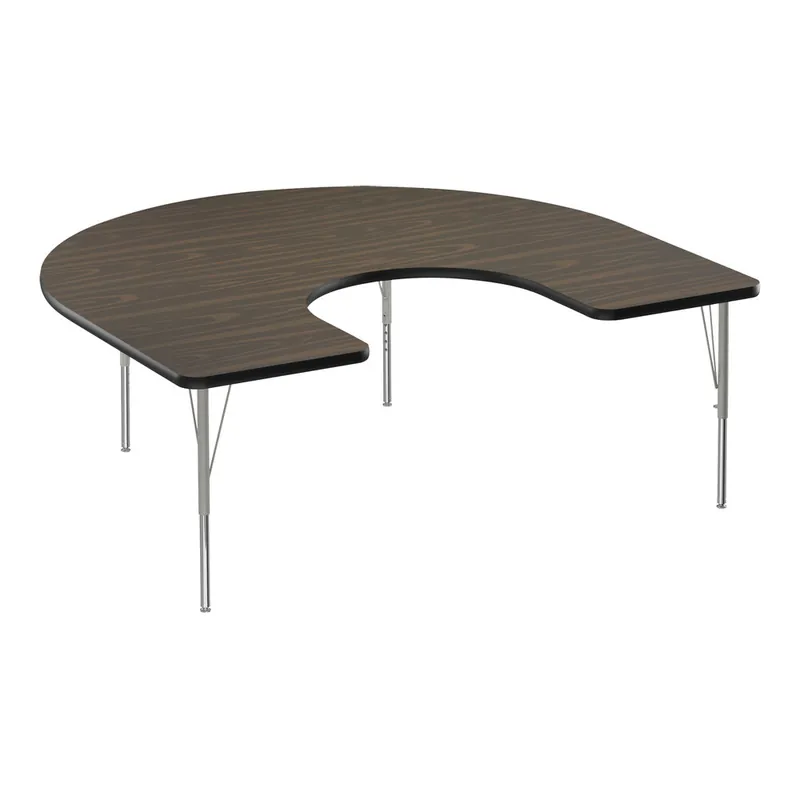 Free Delivery Correll EconoLine 60" x 66" Horseshoe Walnut 19"-29" Adjustable Height Melamine Top Activity Table with Silver Legs and Black T-Mold