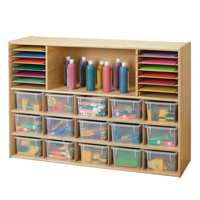 Young Time 7032YT 48" x 15" x 32 1/2" Natural Sectional Cubbie Storage Unit with Clear Trays Trusted Brand