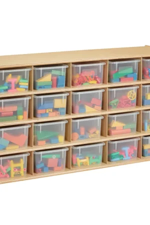 Young Time 7041YT 48" x 15" x 26 1/2" Natural 20-Cubbie Storage Unit with Clear Trays Luxury