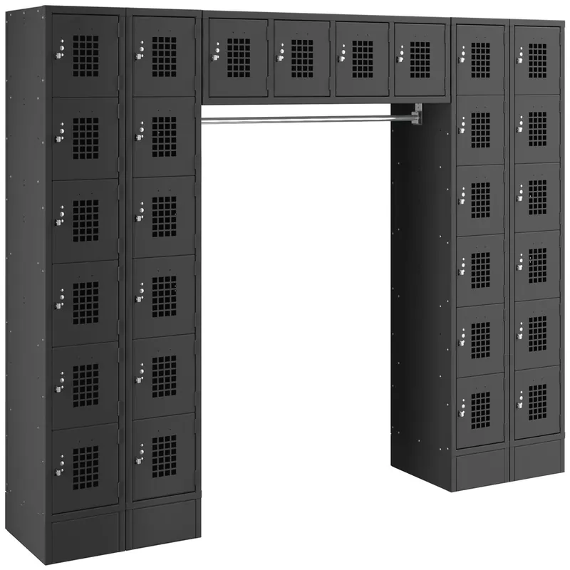 Regency Space Solutions Black 6 Tier Locker with 28 Compartments and Garment Rack Professional Grade