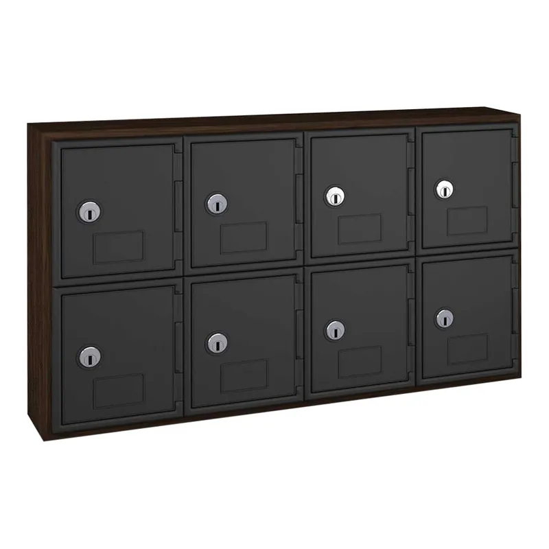 United Visual Products 24" x 4" x 13 1/2" Walnut Wood Quadruple 2-Tier Cell Phone Locker with Keyed Lock UVQ1034 In Demand