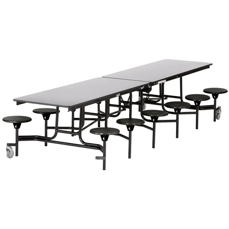 National Public Seating MTS10-PBTMCR 10' Rectangular Mobile Particleboard Cafeteria Table with Chrome Frame, T-Molding Edge, and 12 Stools Final Sale