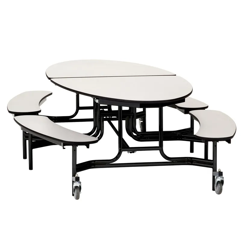 National Public Seating METB-PWPECR 10' Elliptical Mobile Plywood Cafeteria Table with Chrome Frame, ProtectEdge, and 4 Benches Fresh Stock