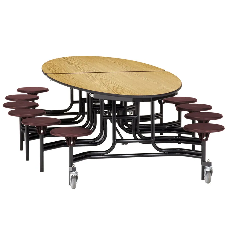 New Release National Public Seating METS-PWPECR 10' Elliptical Mobile Plywood Cafeteria Table with Chrome Frame, ProtectEdge, and 12 Stools