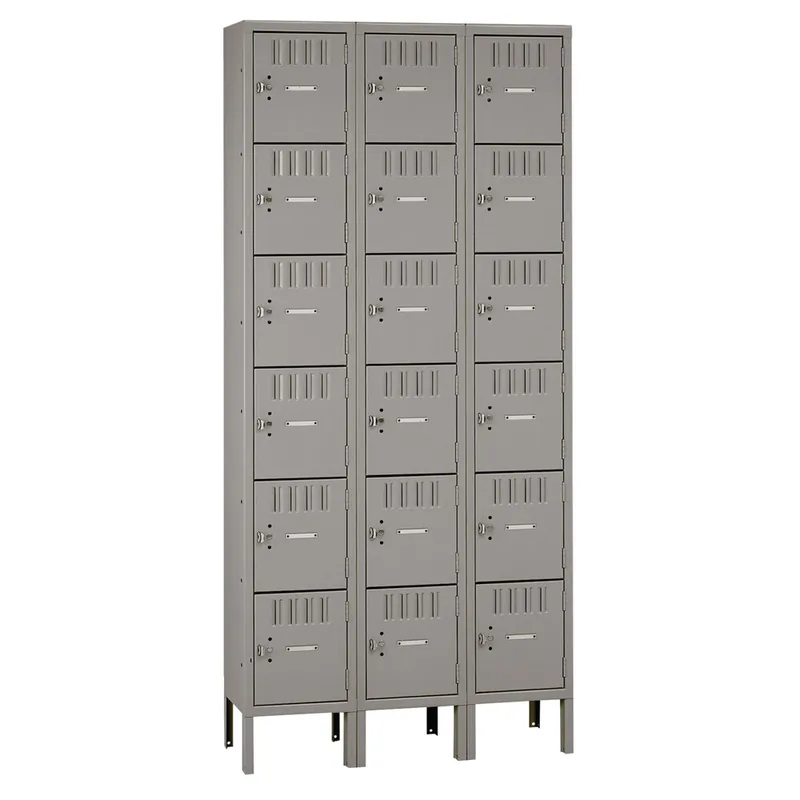 Modern Tennsco BS61218123MG Triple Stack Eighteen Door Gray Steel Locker with Legs - 36" x 18"
