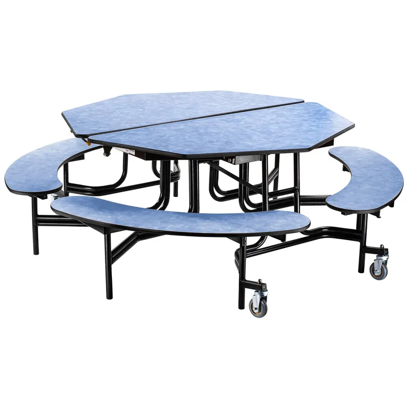 Discount National Public Seating MTO60B-PBTMPC 60" Octagonal Mobile Particleboard Cafeteria Table with Powder Coated Frame, T-Molding Edge, and 4 Benches