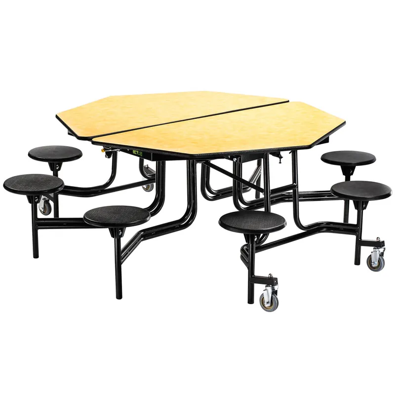 National Public Seating MTO60S-PWTMCR 60" Octagonal Mobile Plywood Cafeteria Table with Chrome Frame, T-Molding Edge, and 8 Stools Best Price