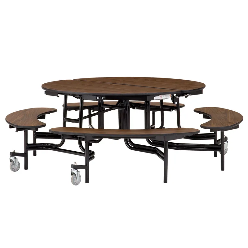 National Public Seating MTR60B-PBTMPC 60" Round Mobile Particleboard Cafeteria Table with Powder Coated Frame, T-Molding Edge, and 4 Benches Buy Direct