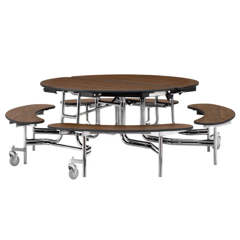 Exclusive Offer National Public Seating MTR60B-PWTMCR 60" Round Mobile Plywood Cafeteria Table with Chrome Frame, T-Molding Edge, and 4 Benches