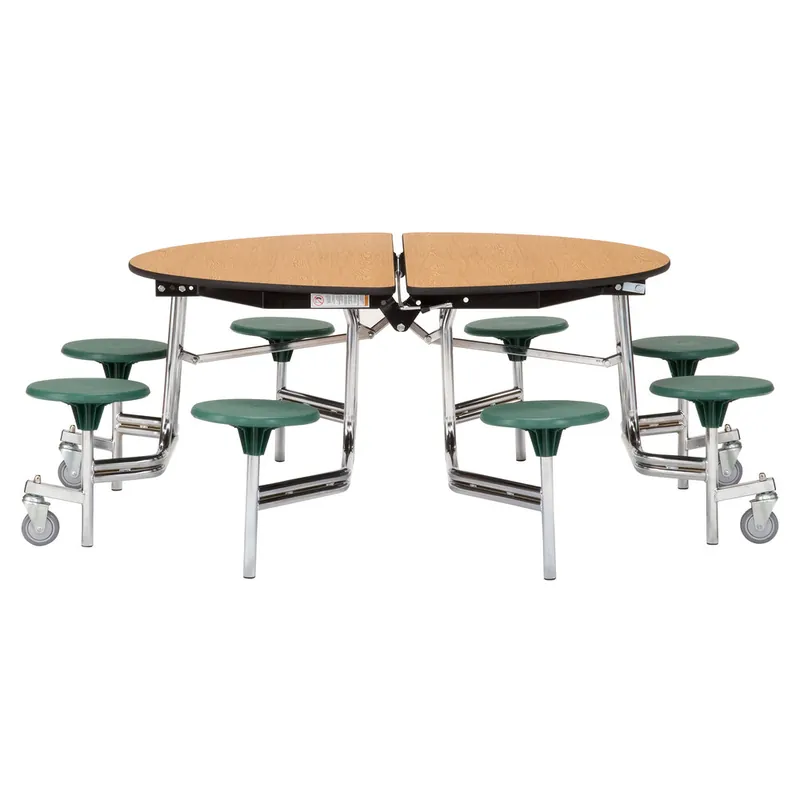 National Public Seating MTR60S-PWTMCR 60" Round Mobile Plywood Cafeteria Table with Chrome Frame, T-Molding Edge, and 8 Stools Deal