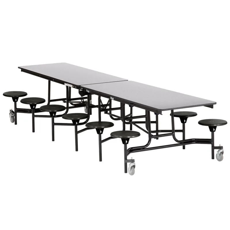 Crafted National Public Seating MTS12-MDPECR 12' Mobile MDF Cafeteria Table with Chrome Frame, ProtectEdge, and 12 Stools