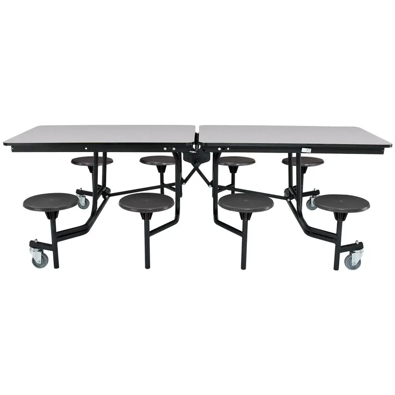 National Public Seating MTS8-PBTMCR 8' Rectangular Mobile Particleboard Cafeteria Table with Chrome Frame, T-Molding Edge, and 8 Stools Viral