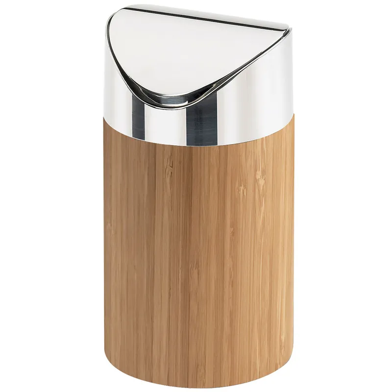 Last Chance Cal-Mil 1717-60 5" x 7" Bamboo Round Countertop Trash Can with Swing Lid