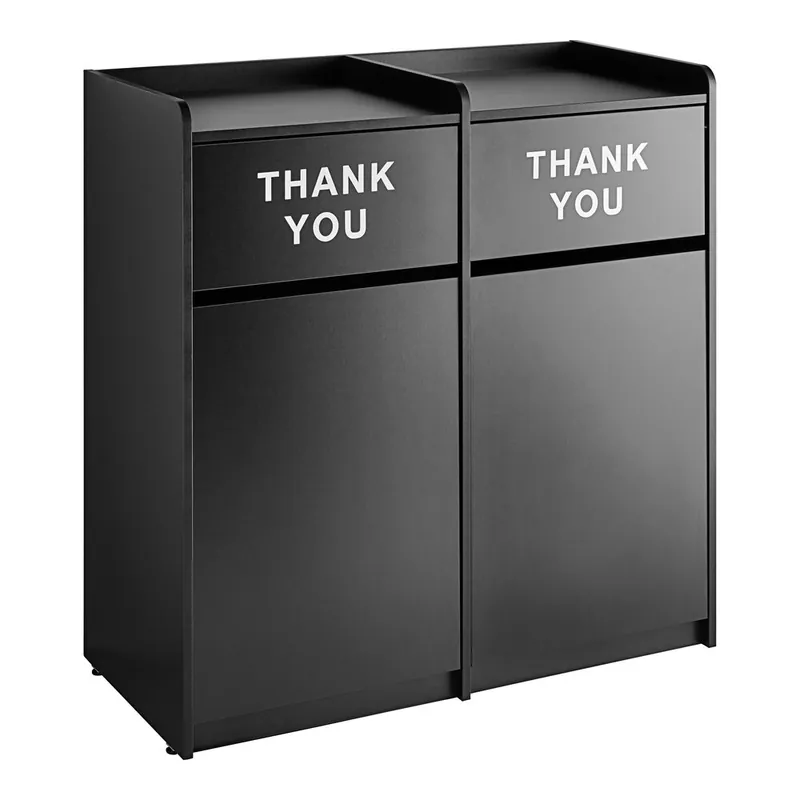 Lancaster Table & Seating Waste 50 Gallon Black Double Waste Receptacle Enclosure with "THANK YOU" Swing Doors Big Sale