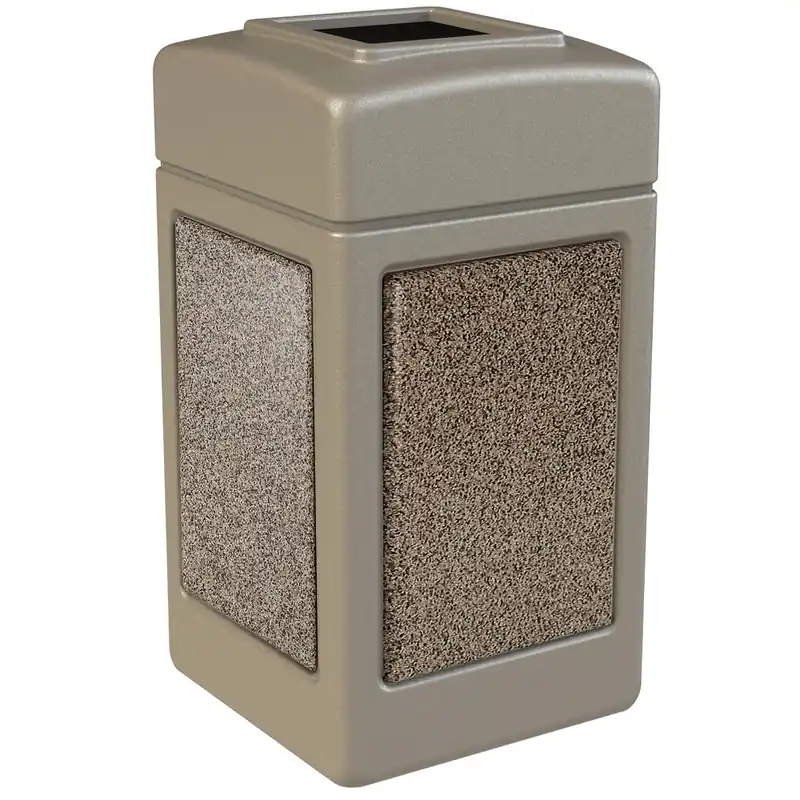 Secure Checkout Commercial Zone 720315 StoneTec 42 Gallon Beige Square Decorative Trash Can with Riverstone Panels