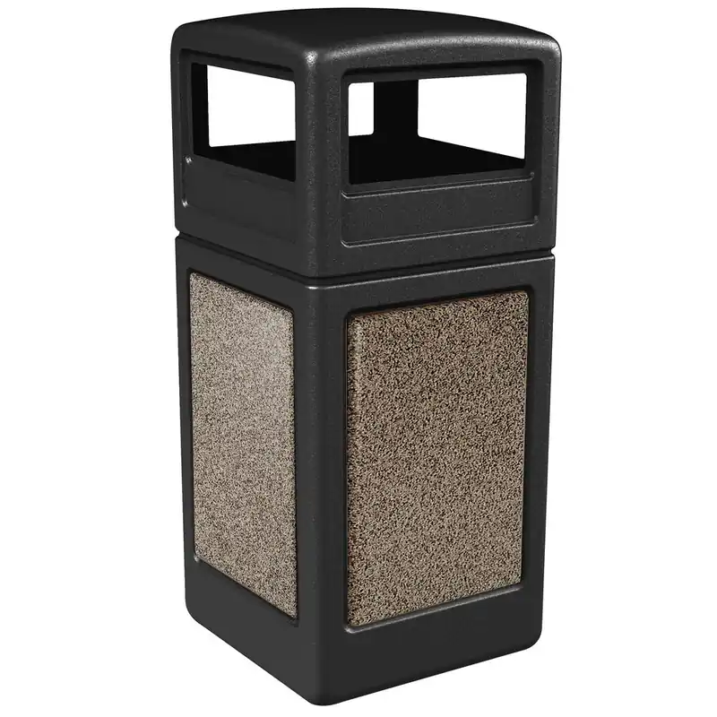 Sale Commercial Zone 72045299 StoneTec 42 Gallon Black Square Decorative Trash Can with Riverstone Panels and Dome Lid