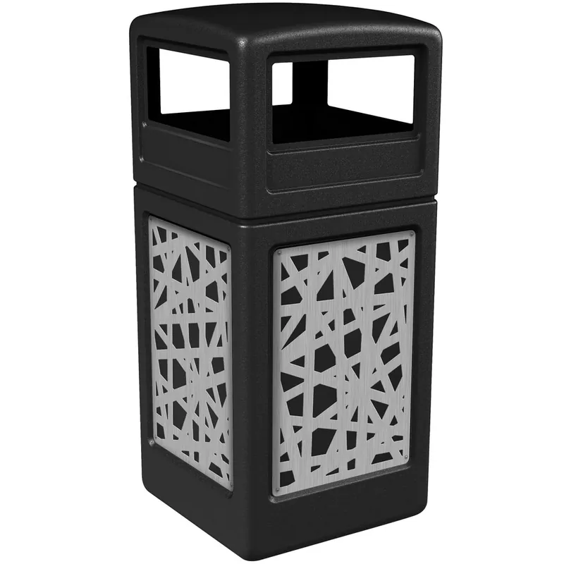 Cheap Commercial Zone 732926199 42 Gallon Black Square Trash Can with Stainless Steel Intermingle Panels and Dome Lid