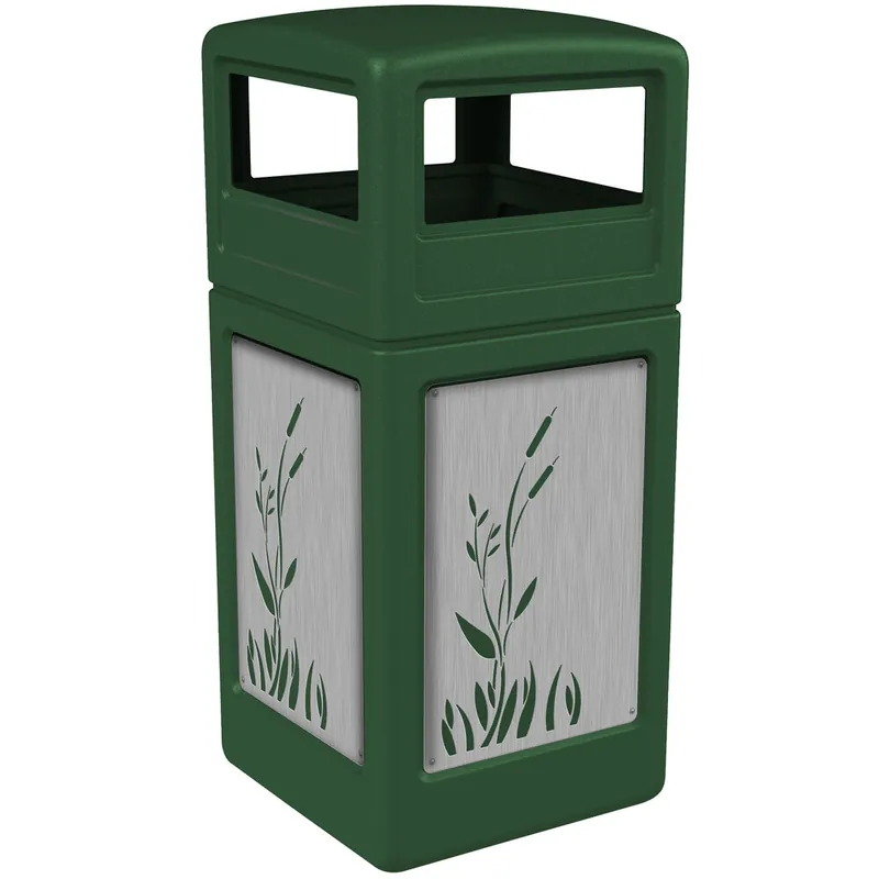 Commercial Zone 732996099 42 Gallon Green Square Trash Can with Stainless Steel Cattail Panels and Dome Lid Today Only
