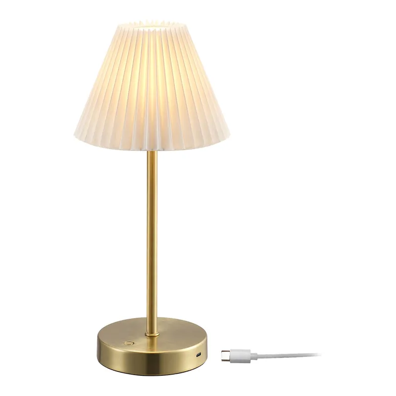 Limited Time Globe 14" Mid-Century Modern Matte Brass Battery-Powered LED Table Lamp with Beige Pleated Linen Shade - 1.8W