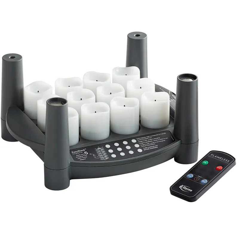 Sterno 60316 2.0 12 Piece Amber Rechargeable Flameless Votive Set with EasyStack Charging Base and Timer with Remote Fan Favorite